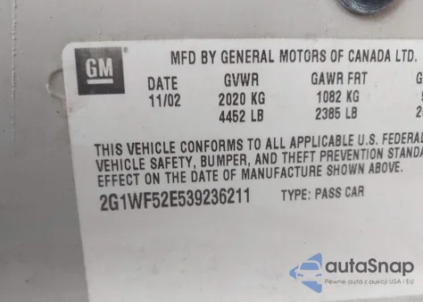 2003 Chevrolet Impala z USA, uszkodzony, nr VIN 2G1WF52E539236211